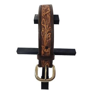 Bona Allen Western Belt Tooled Cowhide Leather Size 26 Brown Vintage USA